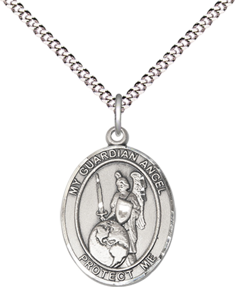 Sterling Silver Guardian Angel of the World Pendant on a 18 inch Light Rhodium Light Curb chain