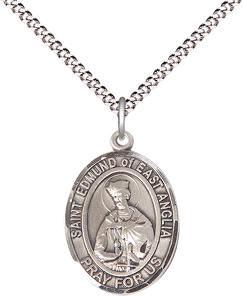 Sterling Silver Saint Edmund of East Anglia Pendant on a 18 inch Light Rhodium Light Curb chain