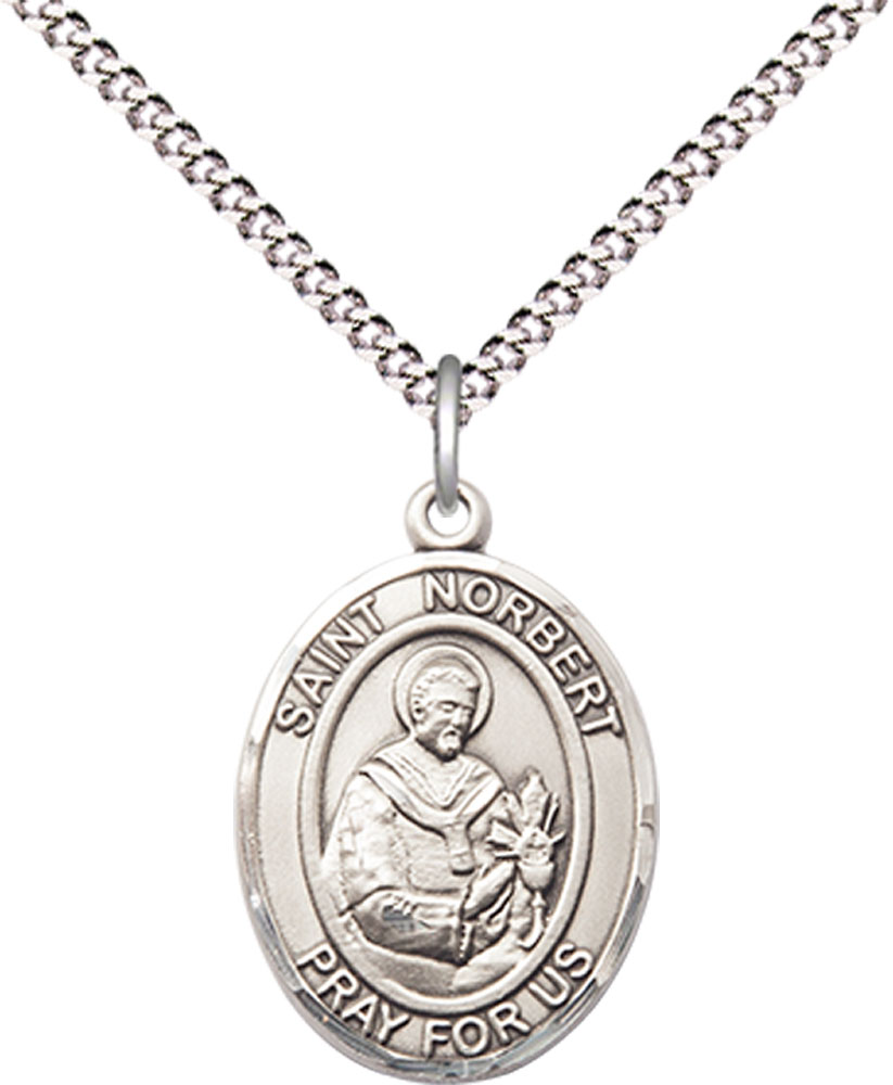 Sterling Silver Saint Norbert of Xanten Pendant on a 18 inch Light Rhodium Light Curb chain