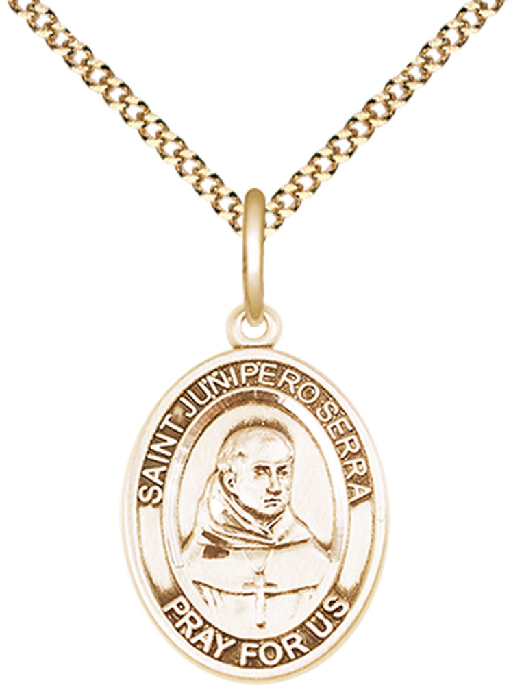 14kt Gold Filled Saint Junipero Serra Pendant on a 18 inch Gold Plate Light Curb chain