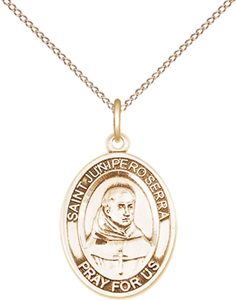 14kt Gold Filled Saint Junipero Serra Pendant on a 18 inch Gold Filled Light Curb chain