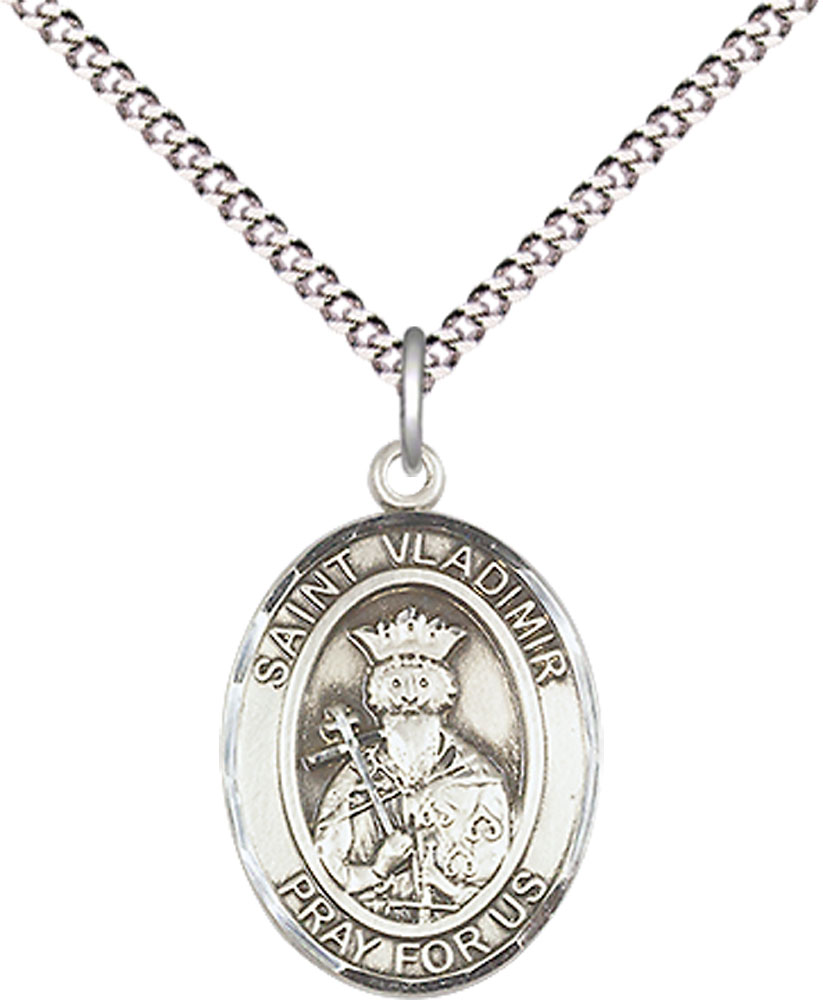 Sterling Silver Saint Vladimir Pendant on a 18 inch Light Rhodium Light Curb chain