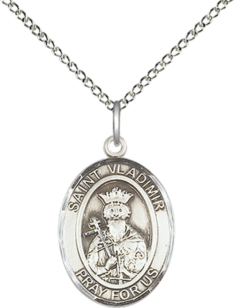 Sterling Silver Saint Vladimir Pendant on a 18 inch Sterling Silver Light Curb chain
