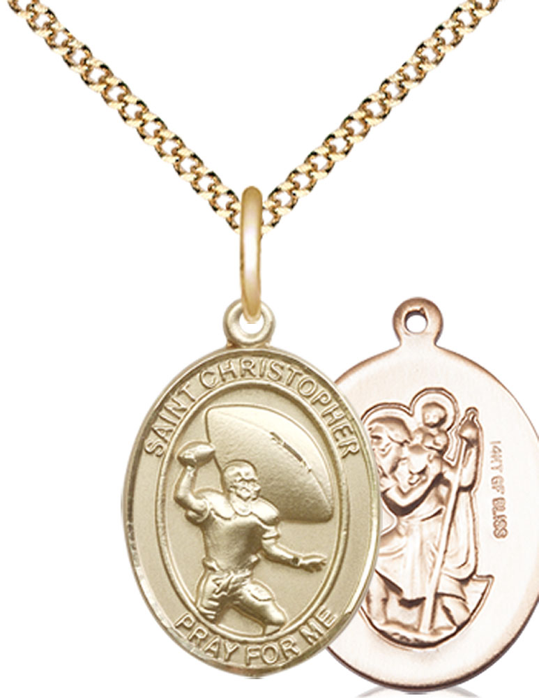 14kt Gold Filled Saint Christopher Football Pendant on a 18 inch Gold Plate Light Curb chain