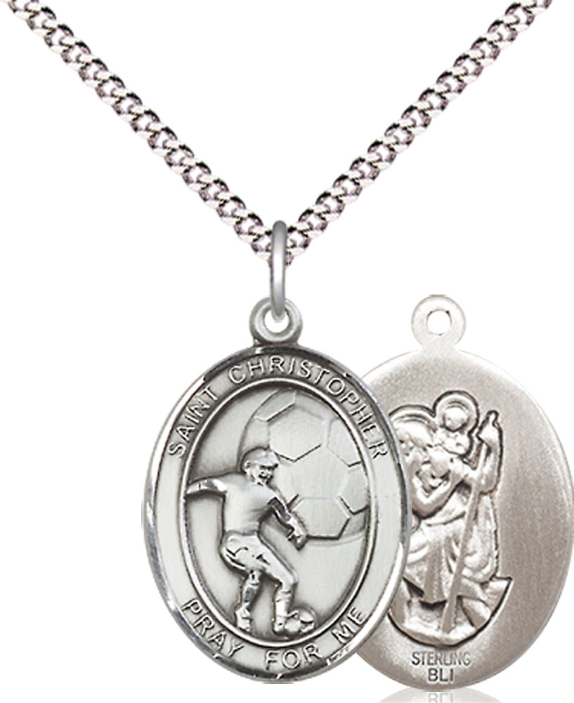 Sterling Silver Saint Christopher Soccer Pendant on a 18 inch Light Rhodium Light Curb chain