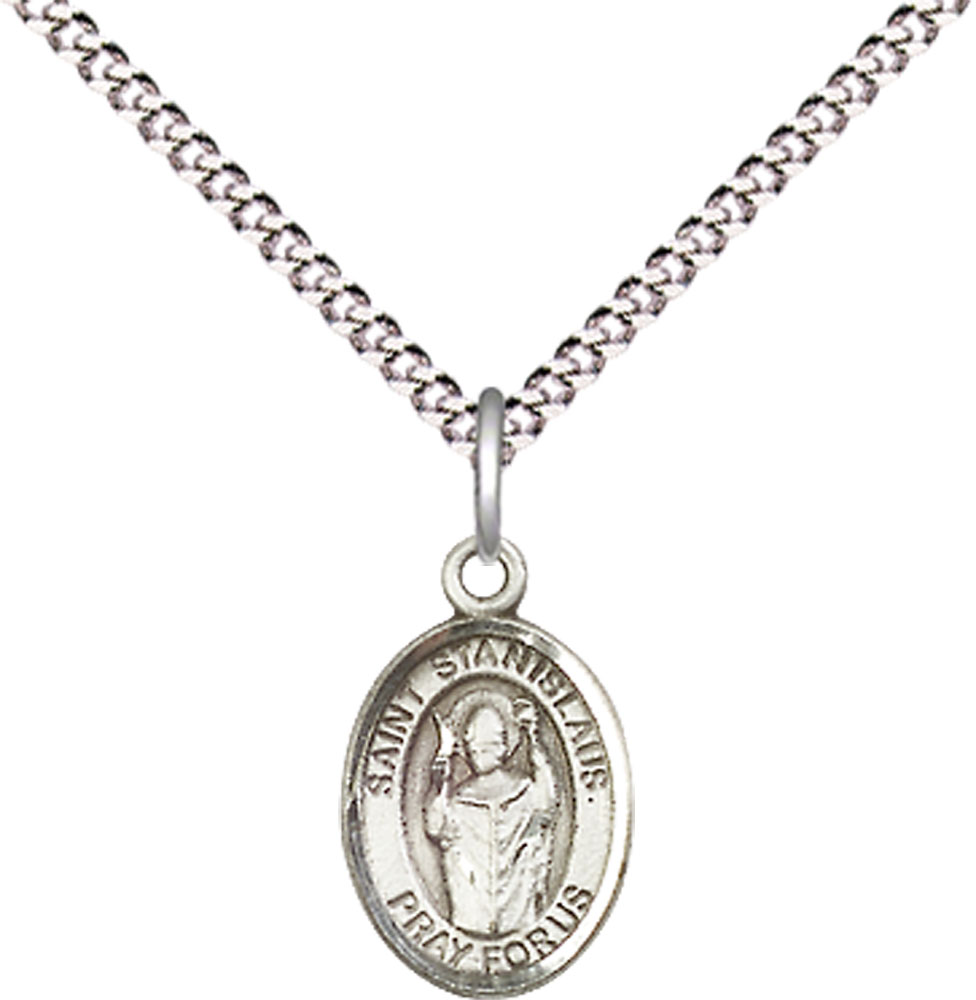 Sterling Silver Saint Stanislaus Pendant on a 18 inch Light Rhodium Light Curb chain