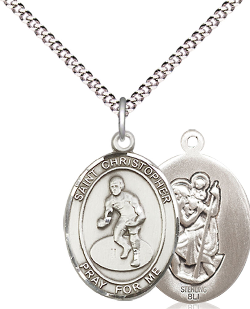 Sterling Silver Saint Christopher Wrestling Pendant on a 18 inch Light Rhodium Light Curb chain