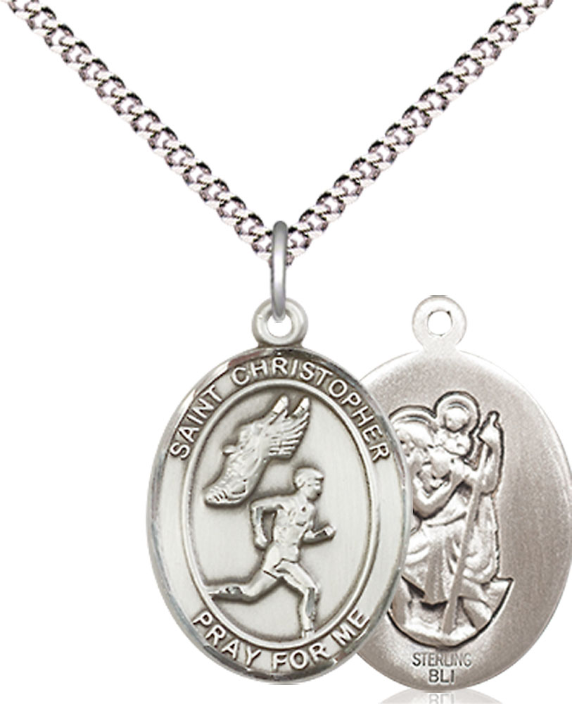 Sterling Silver Saint Christopher Track&amp;Field Pendant on a 18 inch Light Rhodium Light Curb chain