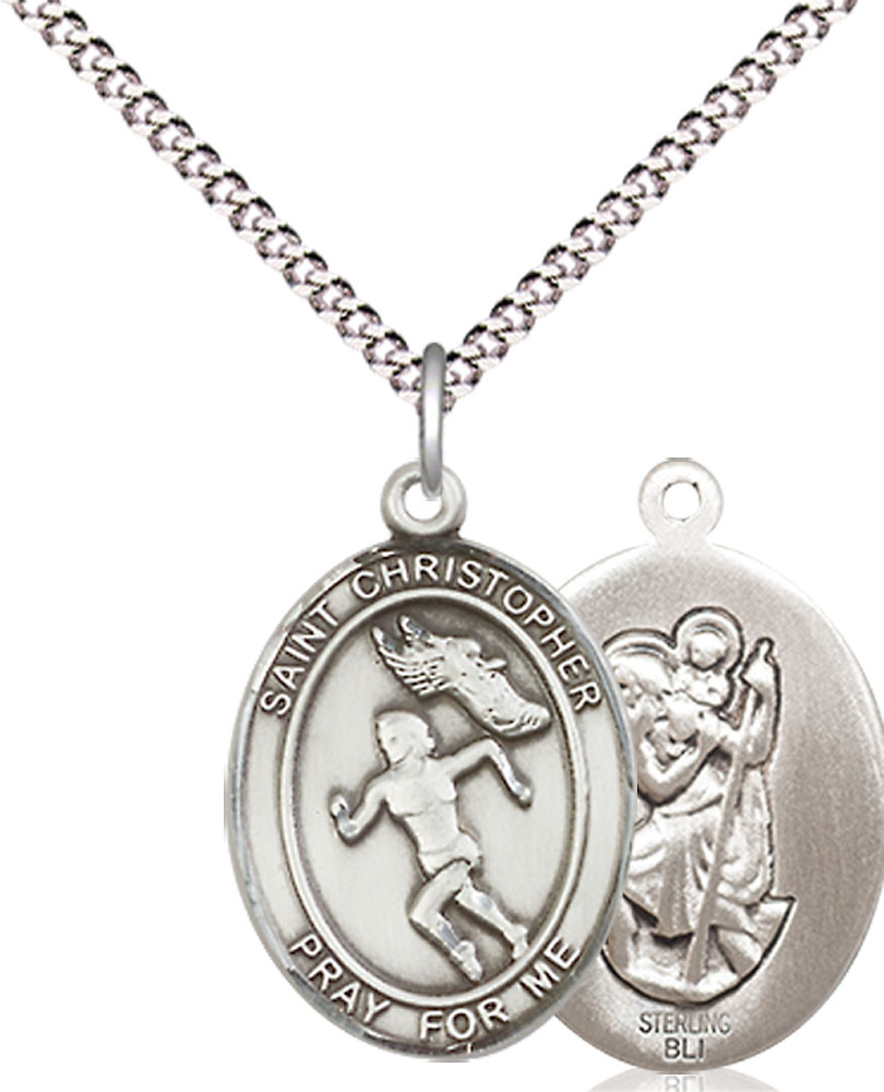 Sterling Silver Saint Christopher Track&amp;Field Pendant on a 18 inch Light Rhodium Light Curb chain
