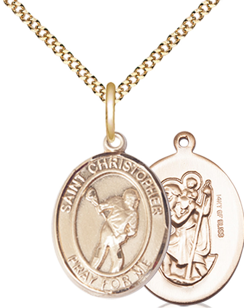 14kt Gold Filled Saint Christopher Lacrosse Pendant on a 18 inch Gold Plate Light Curb chain