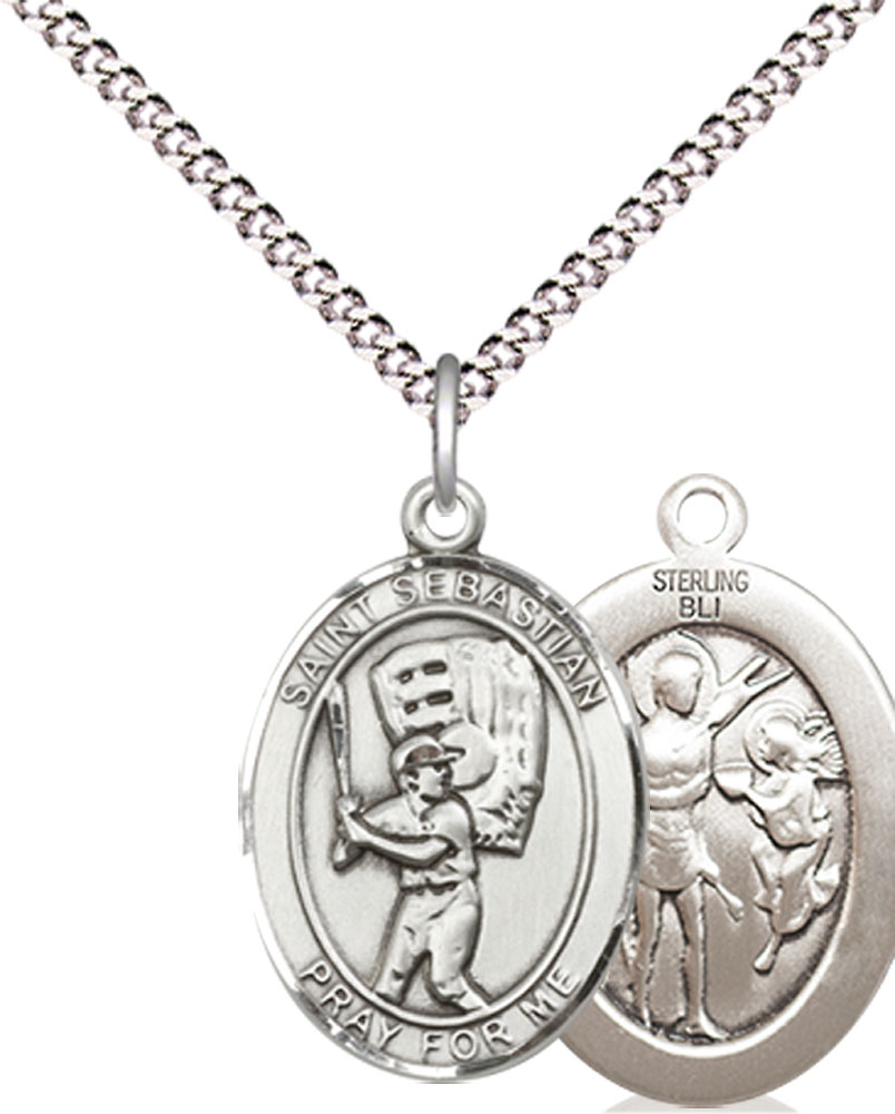 Sterling Silver Saint Sebastian Baseball Pendant on a 18 inch Light Rhodium Light Curb chain