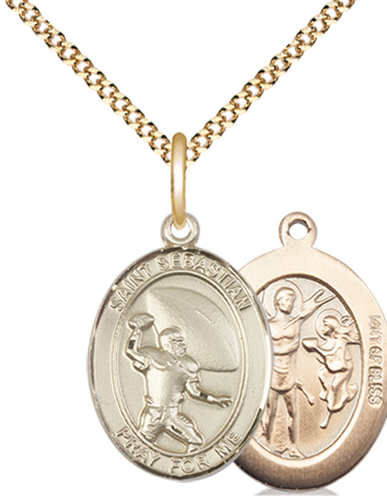 14kt Gold Filled Saint Sebastian Football Pendant on a 18 inch Gold Plate Light Curb chain