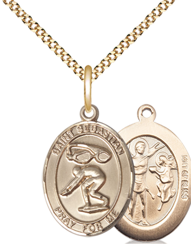 14kt Gold Filled Saint Sebastian Swimming Pendant on a 18 inch Gold Plate Light Curb chain