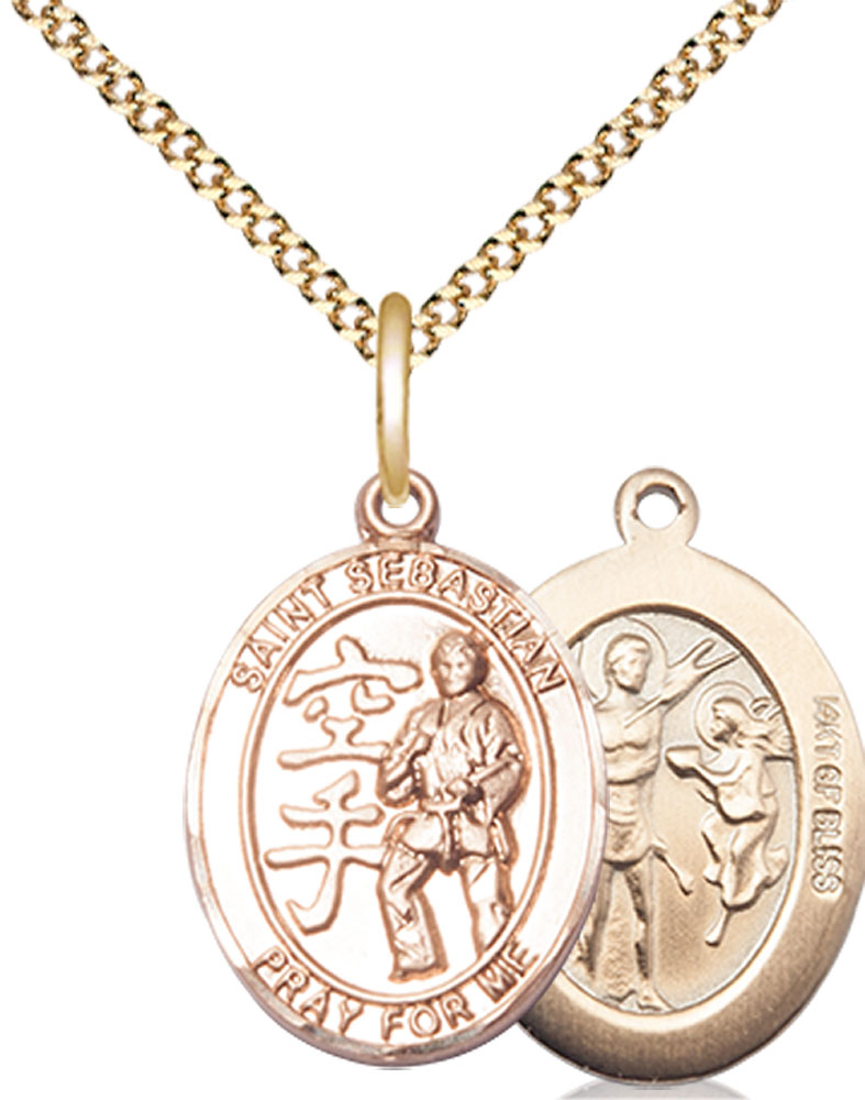 14kt Gold Filled Saint Sebastian Karate Pendant on a 18 inch Gold Plate Light Curb chain