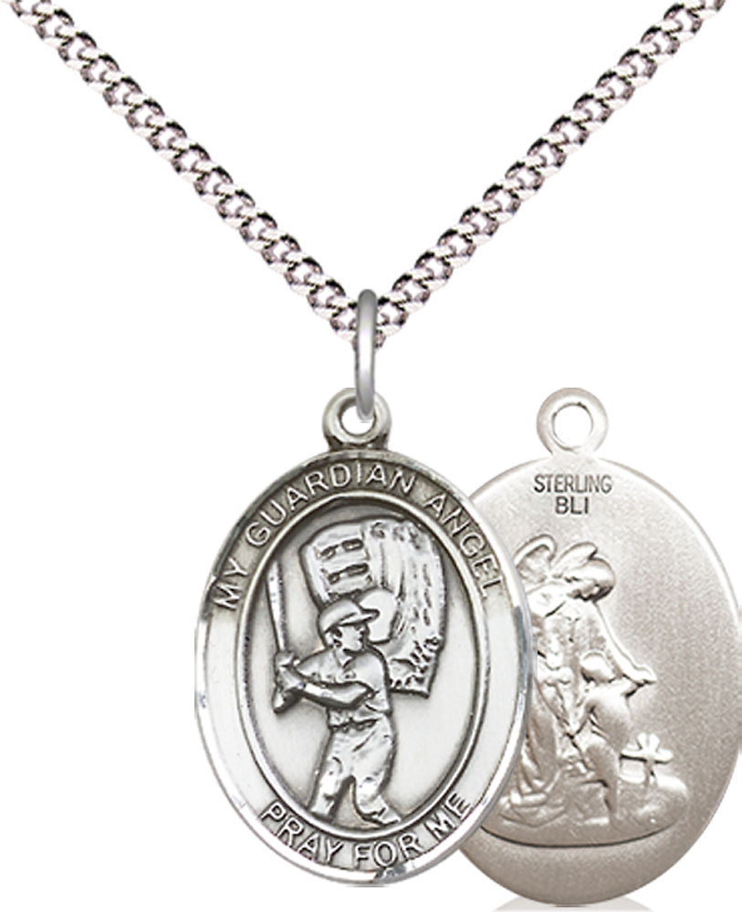 Sterling Silver Guardian Angel Baseball Pendant on a 18 inch Light Rhodium Light Curb chain