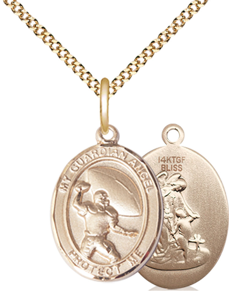 14kt Gold Filled Guardian Angel Football Pendant on a 18 inch Gold Plate Light Curb chain