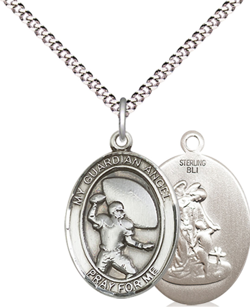 Sterling Silver Guardian Angel Football Pendant on a 18 inch Light Rhodium Light Curb chain