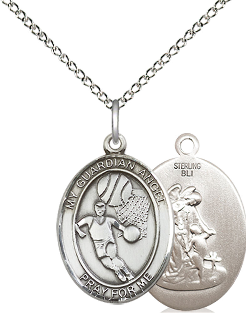 Sterling Silver Guardian Angel Basketball Pendant on a 18 inch Sterling Silver Light Curb chain