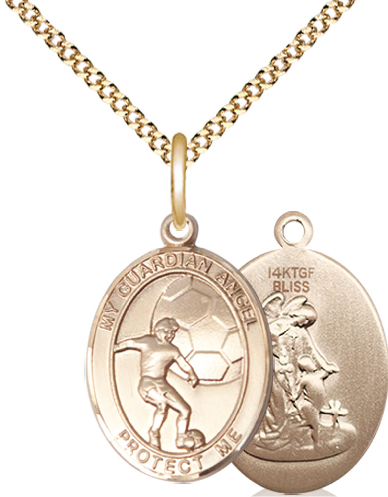 14kt Gold Filled Guardian Angel Soccer Pendant on a 18 inch Gold Plate Light Curb chain