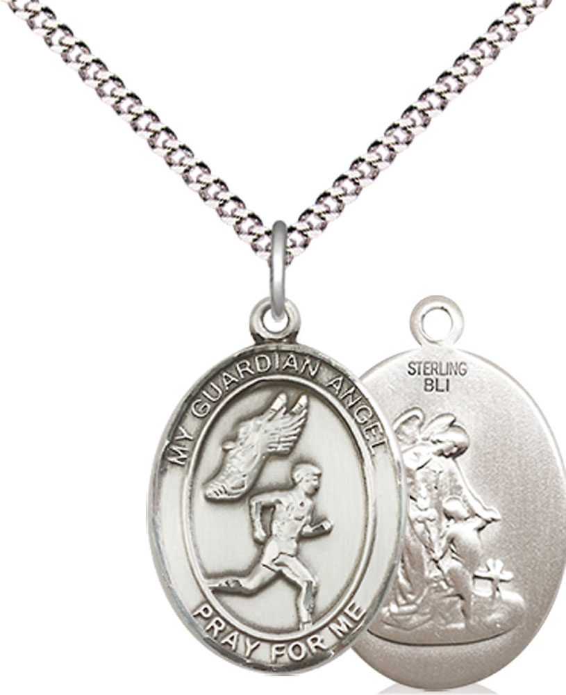 Sterling Silver Guardian Angel Track&amp;Field-Men Pendant on a 18 inch Light Rhodium Light Curb chain