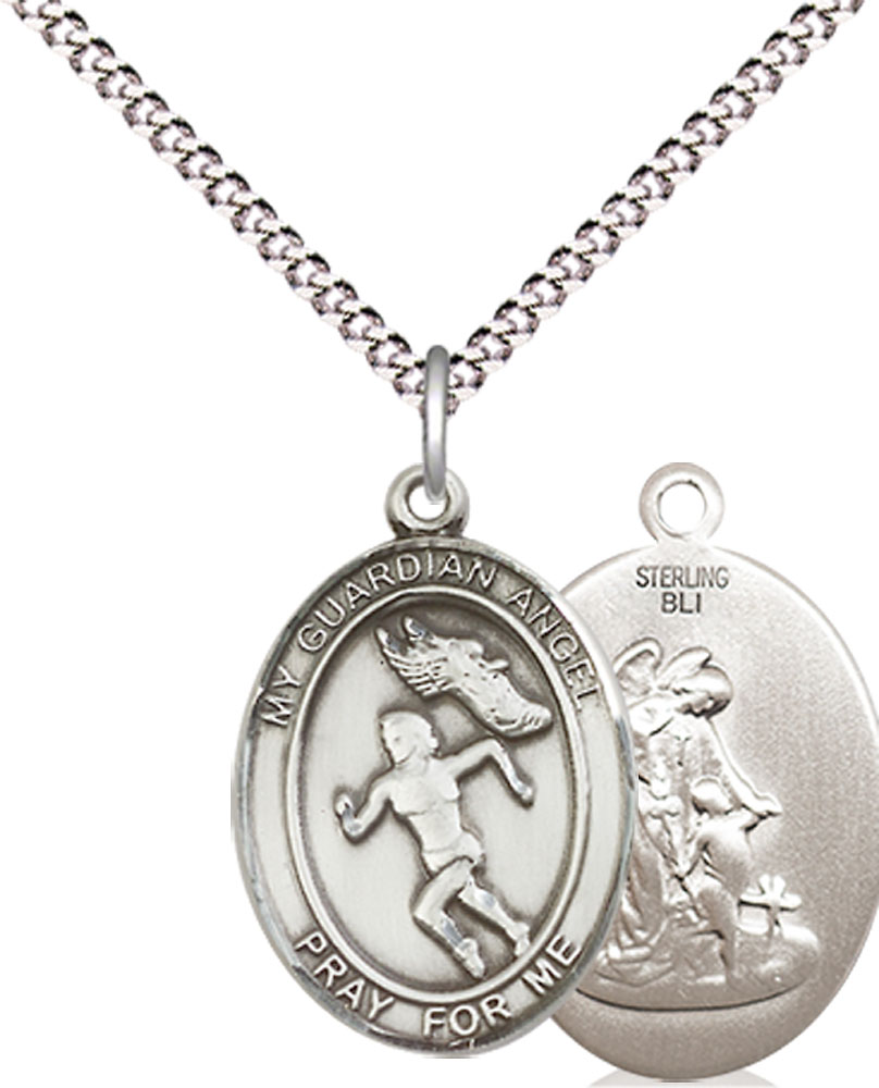 Sterling Silver Guardian Angel Track&amp;Field Pendant on a 18 inch Light Rhodium Light Curb chain
