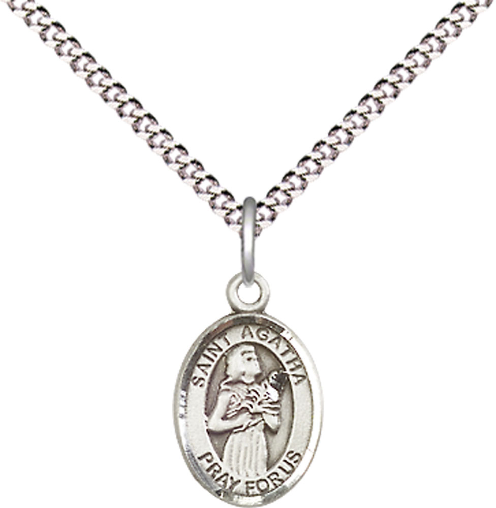 Sterling Silver Saint Agatha Pendant on a 18 inch Light Rhodium Light Curb chain