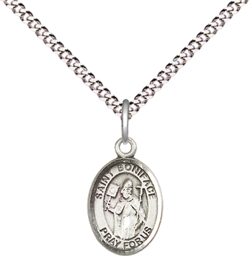 Sterling Silver Saint Boniface Pendant on a 18 inch Light Rhodium Light Curb chain