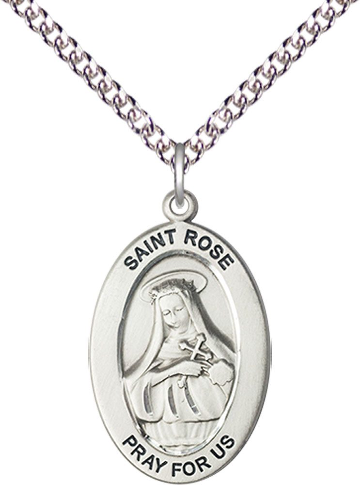 Sterling Silver Saint Rose of Lima Pendant on a 24 inch Sterling Silver Heavy Curb chain