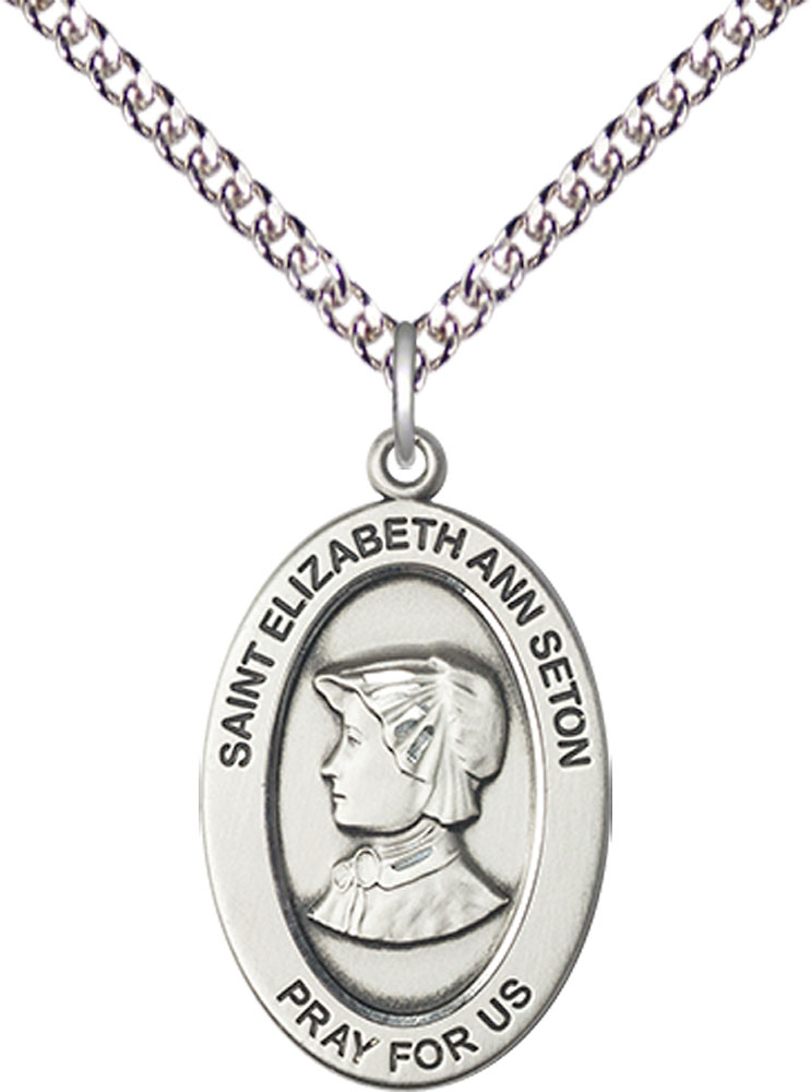 Sterling Silver Saint Elizabeth Ann Seton Pendant on a 24 inch Sterling Silver Heavy Curb chain