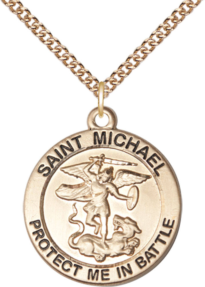 14kt Gold Filled Saint Michael Guardian Angel Pendant on a 24 inch Gold Filled Heavy Curb chain