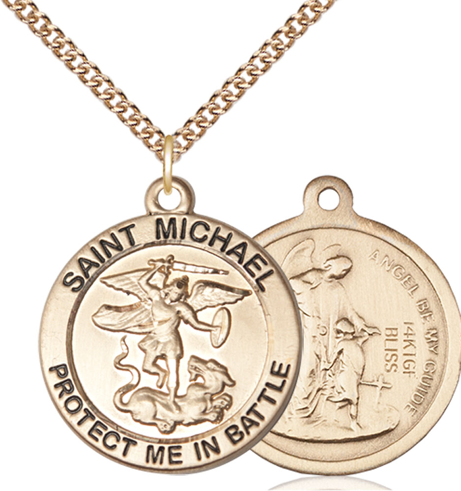 14kt Gold Filled Saint Michael Coast Guard Pendant on a 24 inch Gold Filled Heavy Curb chain