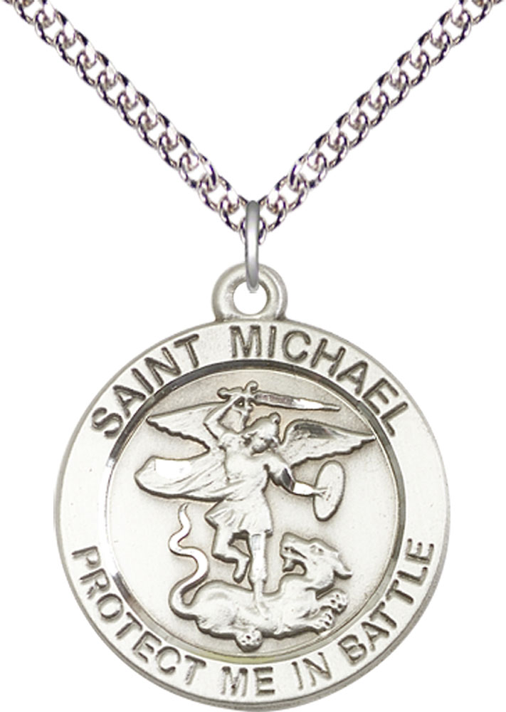 Sterling Silver Saint Michael Guardian Angel Pendant on a 24 inch Sterling Silver Heavy Curb chain