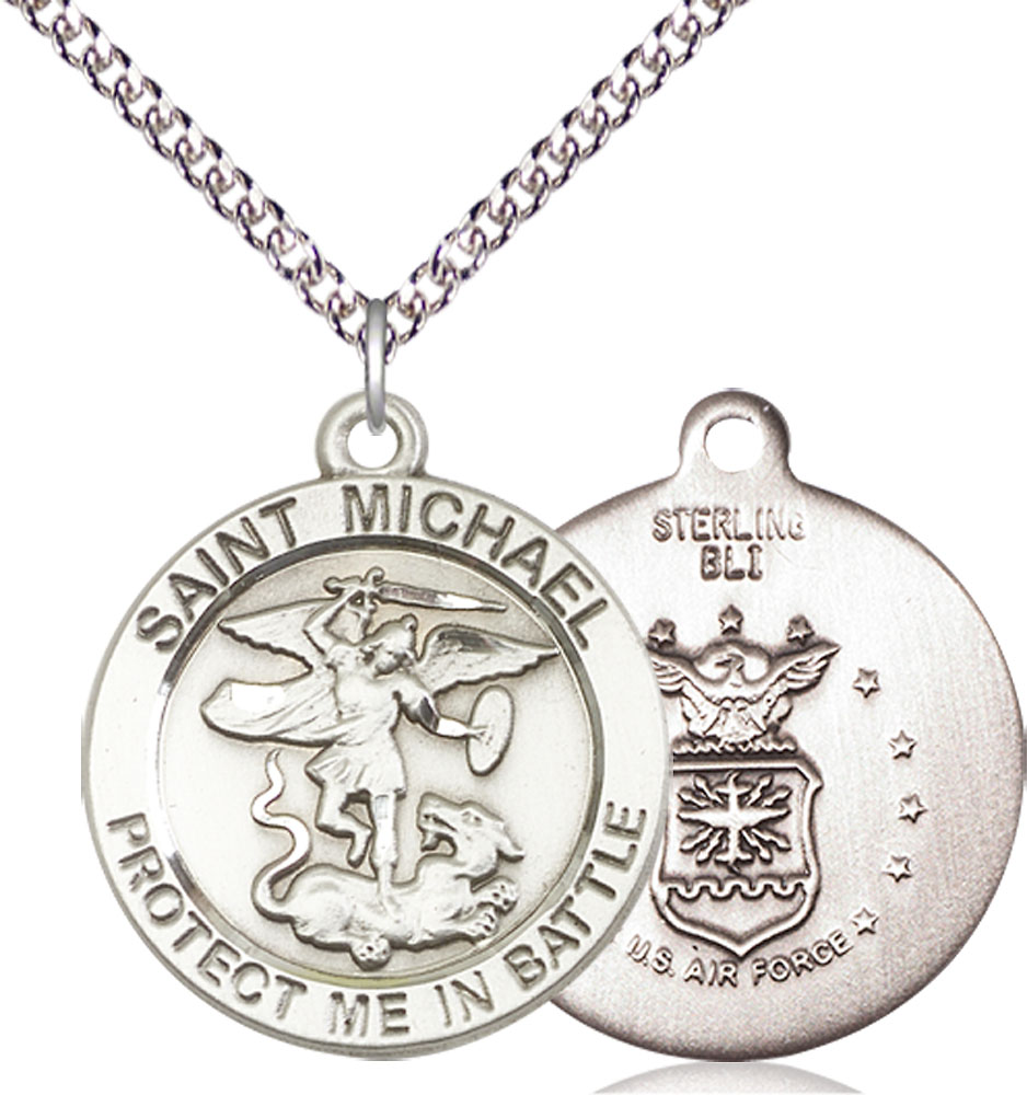 Sterling Silver Saint Michael National Guard Pendant on a 24 inch Sterling Silver Heavy Curb chain