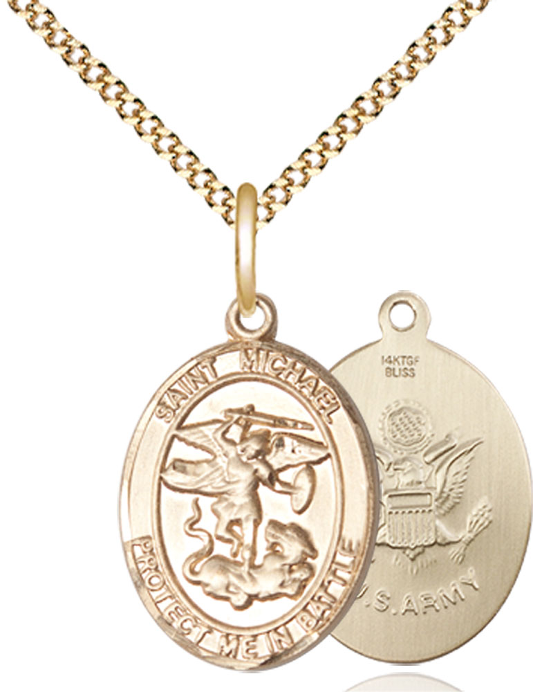 14kt Gold Filled Saint Michael Army Pendant on a 18 inch Gold Plate Light Curb chain