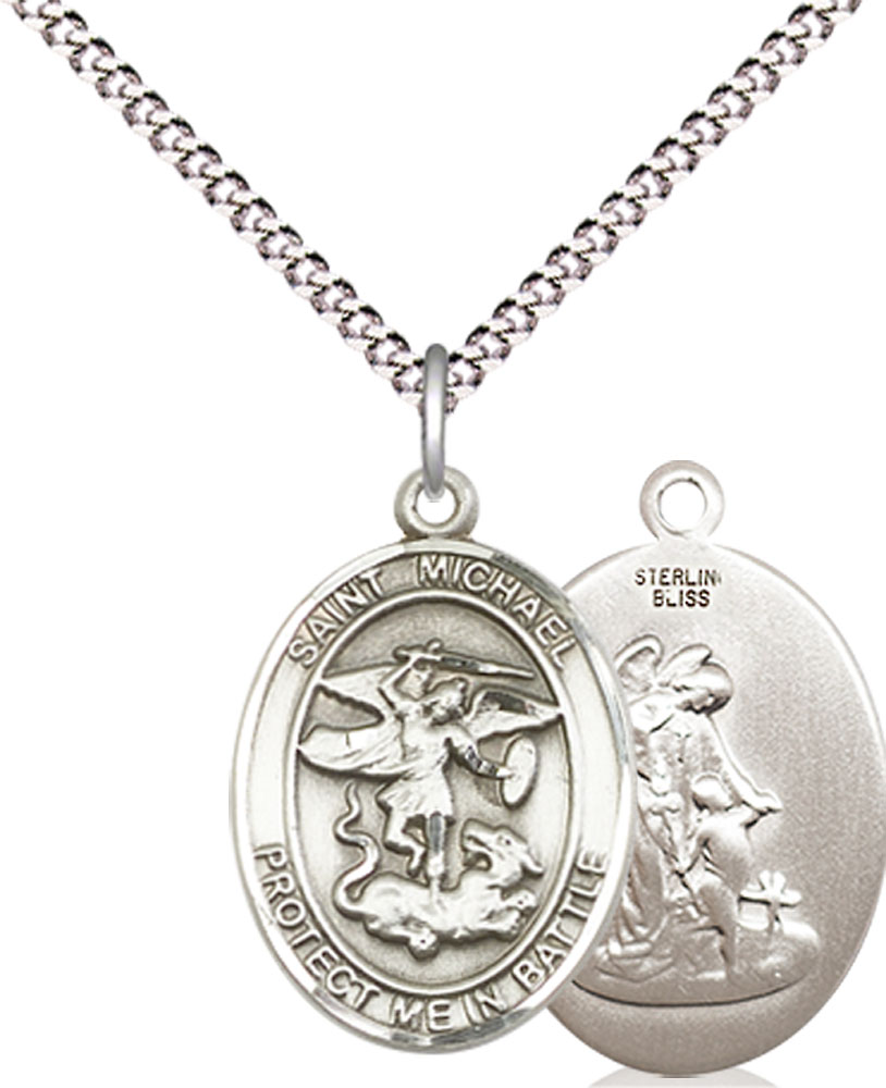 Sterling Silver Saint Michael Guardian Angel Pendant on a 18 inch Light Rhodium Light Curb chain