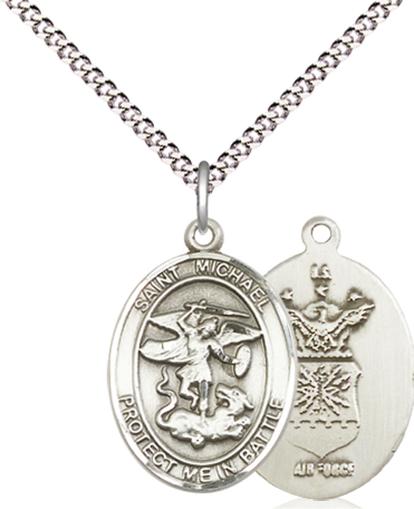 Sterling Silver Saint Michael Air Force Pendant on a 18 inch Light Rhodium Light Curb chain