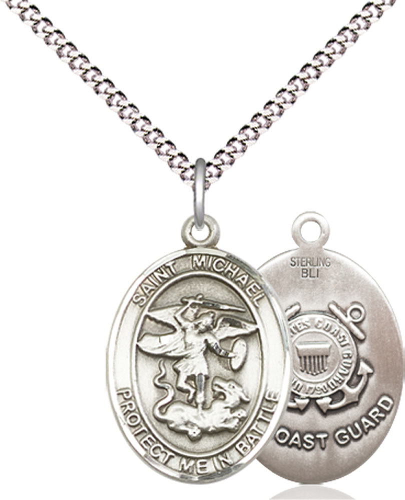 Sterling Silver Saint Michael Coast Guard Pendant on a 18 inch Light Rhodium Light Curb chain