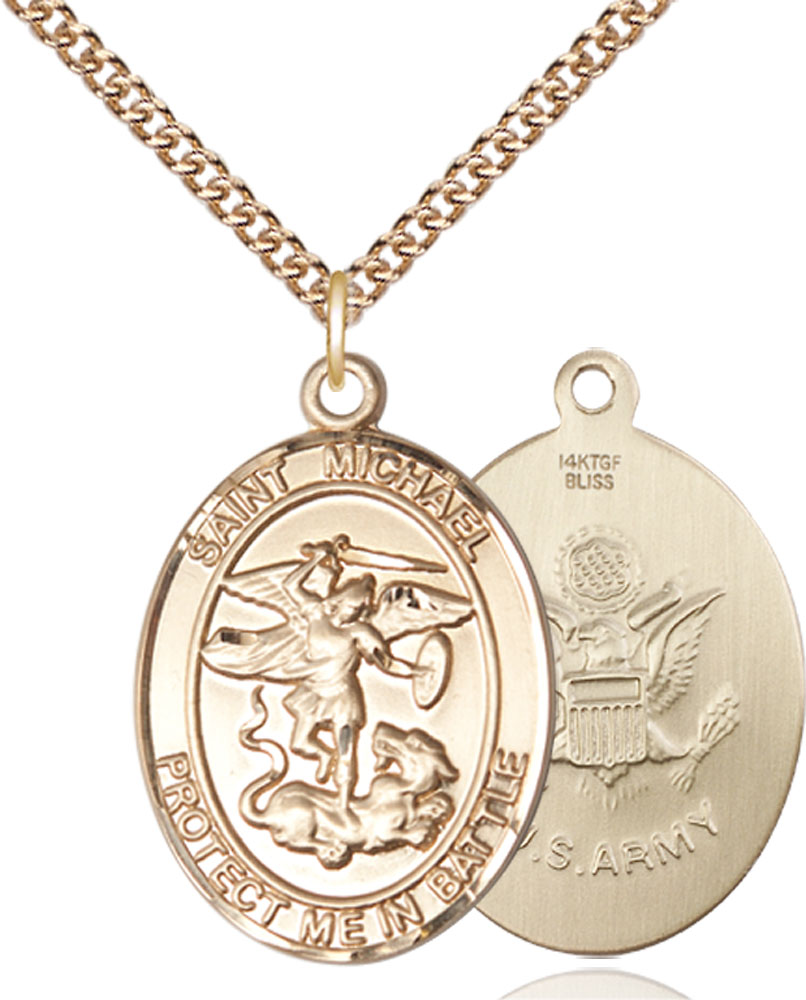 14kt Gold Filled Saint Michael Army Pendant on a 24 inch Gold Filled Heavy Curb chain