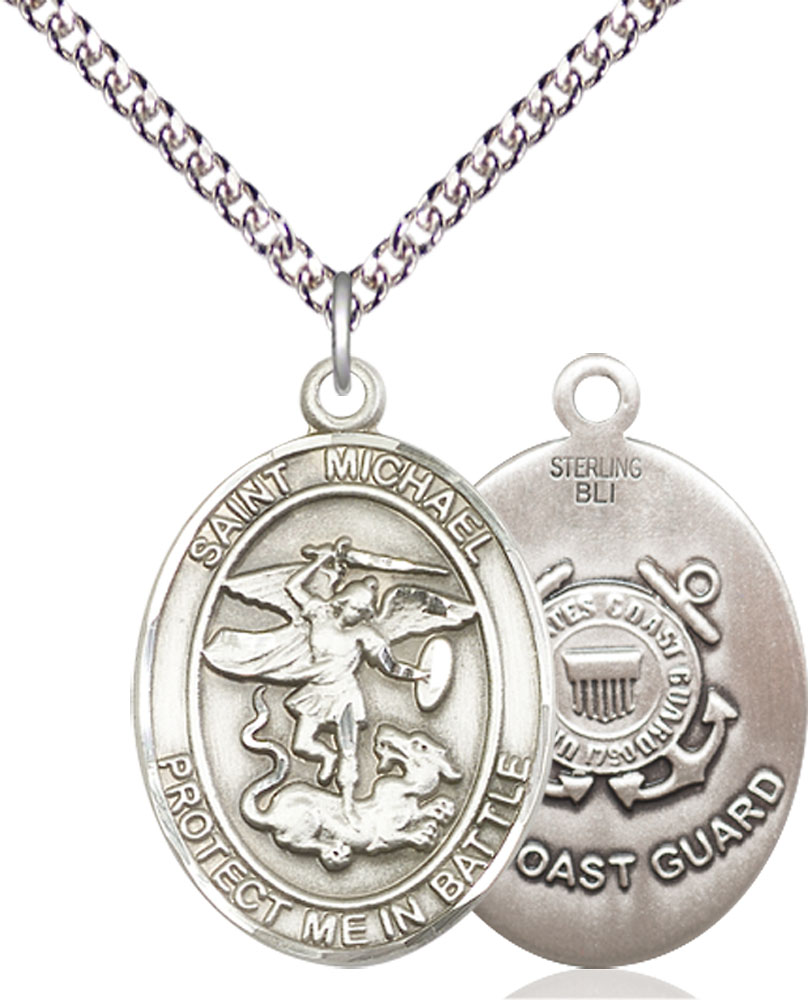 Sterling Silver Saint Michael Coast Guard Pendant on a 24 inch Sterling Silver Heavy Curb chain