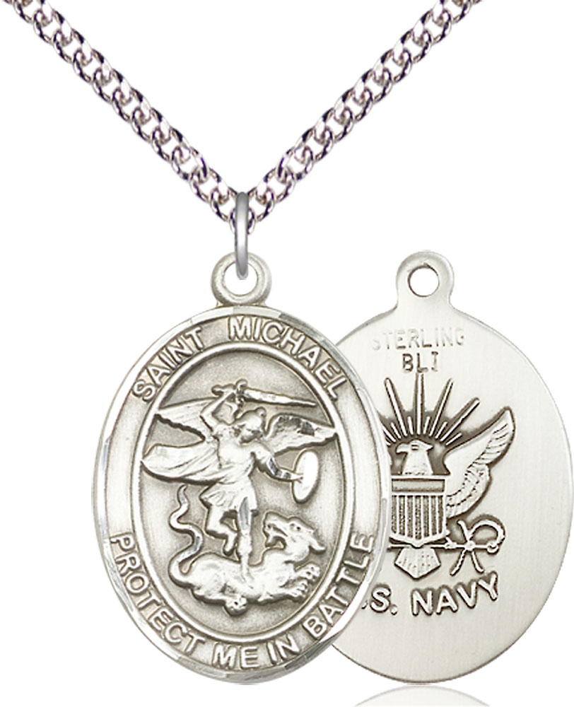 Sterling Silver Saint Michael Navy Pendant on a 24 inch Sterling Silver Heavy Curb chain