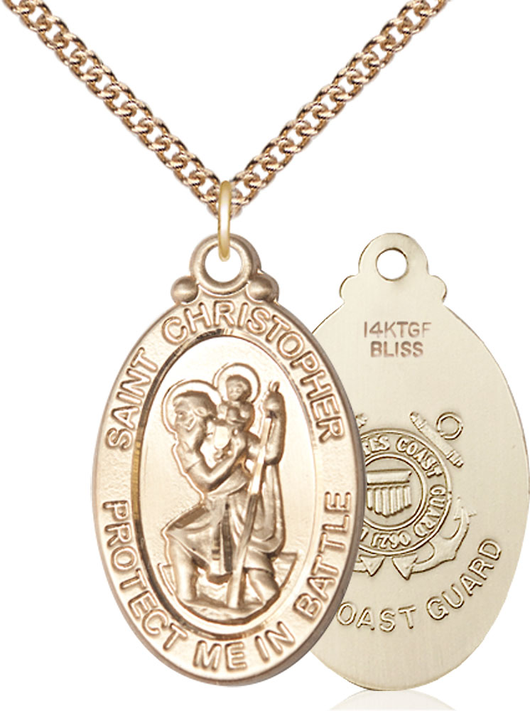 14kt Gold Filled Saint Christopher Coast Guard Pendant on a 24 inch Gold Filled Heavy Curb chain
