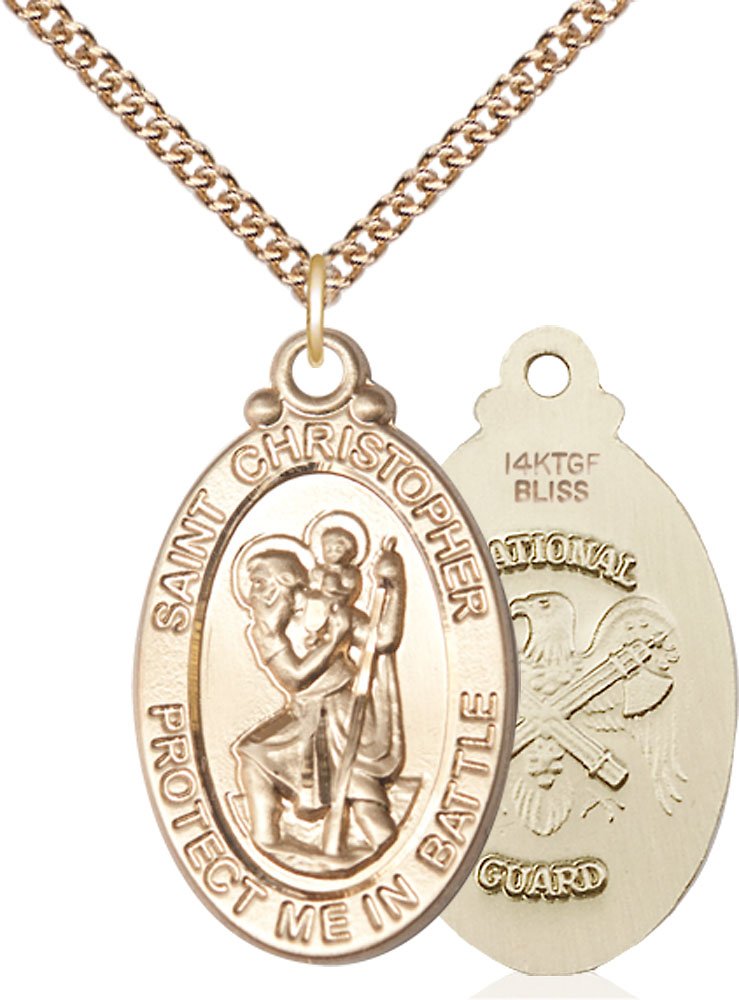 14kt Gold Filled Saint Christopher National Guard Pendant on a 24 inch Gold Filled Heavy Curb chain