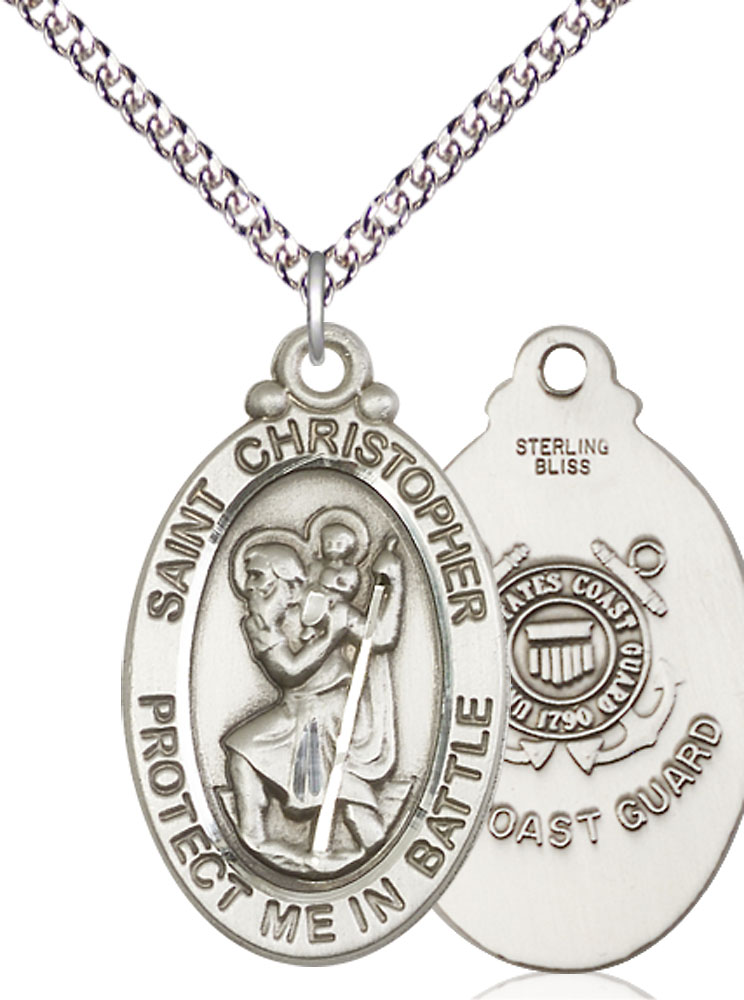 Sterling Silver Saint Christopher Coast Guard Pendant on a 24 inch Sterling Silver Heavy Curb chain