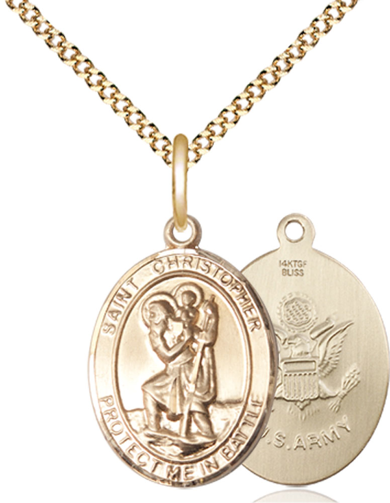 14kt Gold Filled Saint Christopher Army Pendant on a 18 inch Gold Plate Light Curb chain