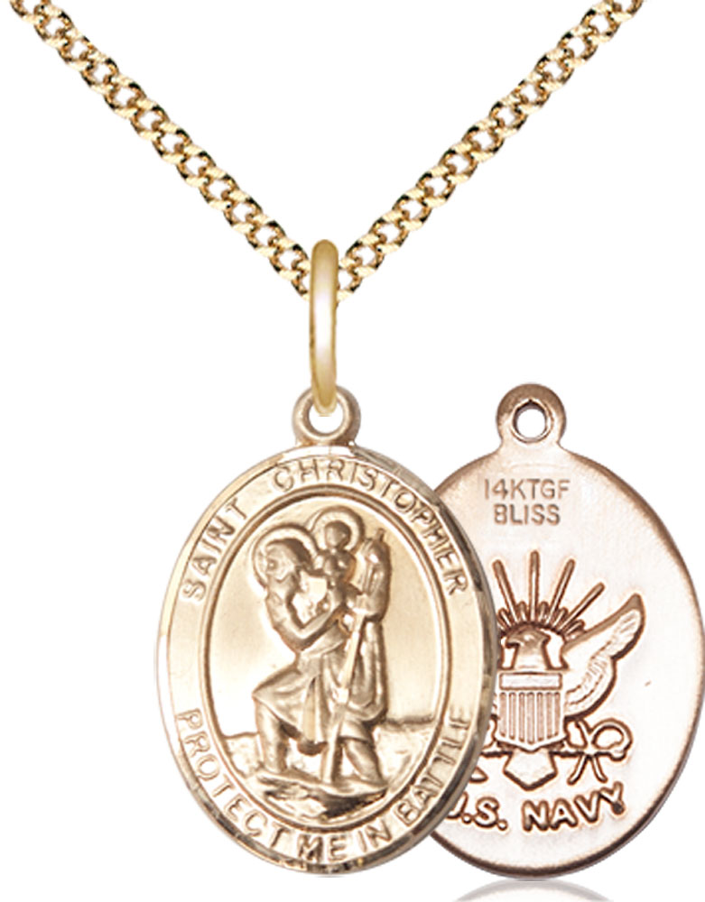 14kt Gold Filled Saint Christopher Navy Pendant on a 18 inch Gold Plate Light Curb chain