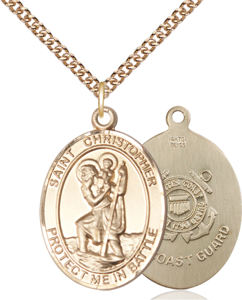 14kt Gold Filled Saint Christopher Coast Guard Pendant on a 24 inch Gold Filled Heavy Curb chain