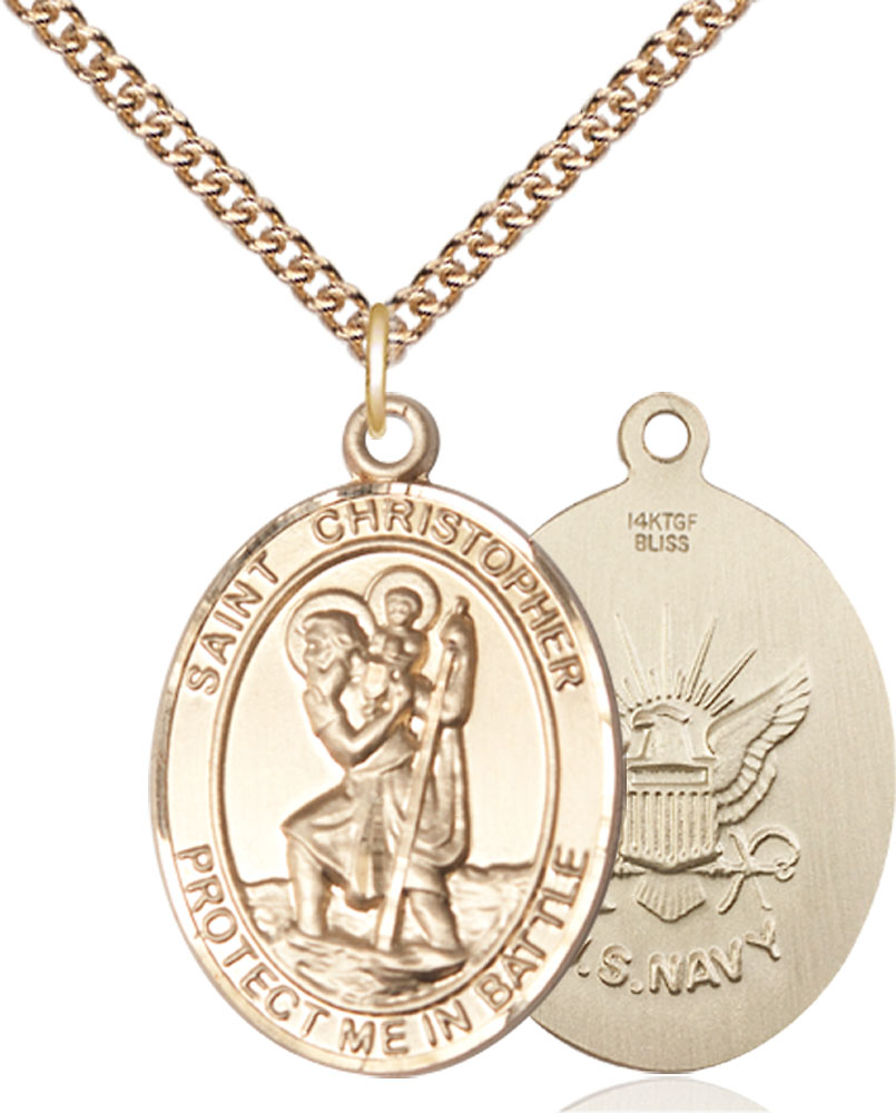 14kt Gold Filled Saint Christopher Navy Pendant on a 24 inch Gold Filled Heavy Curb chain