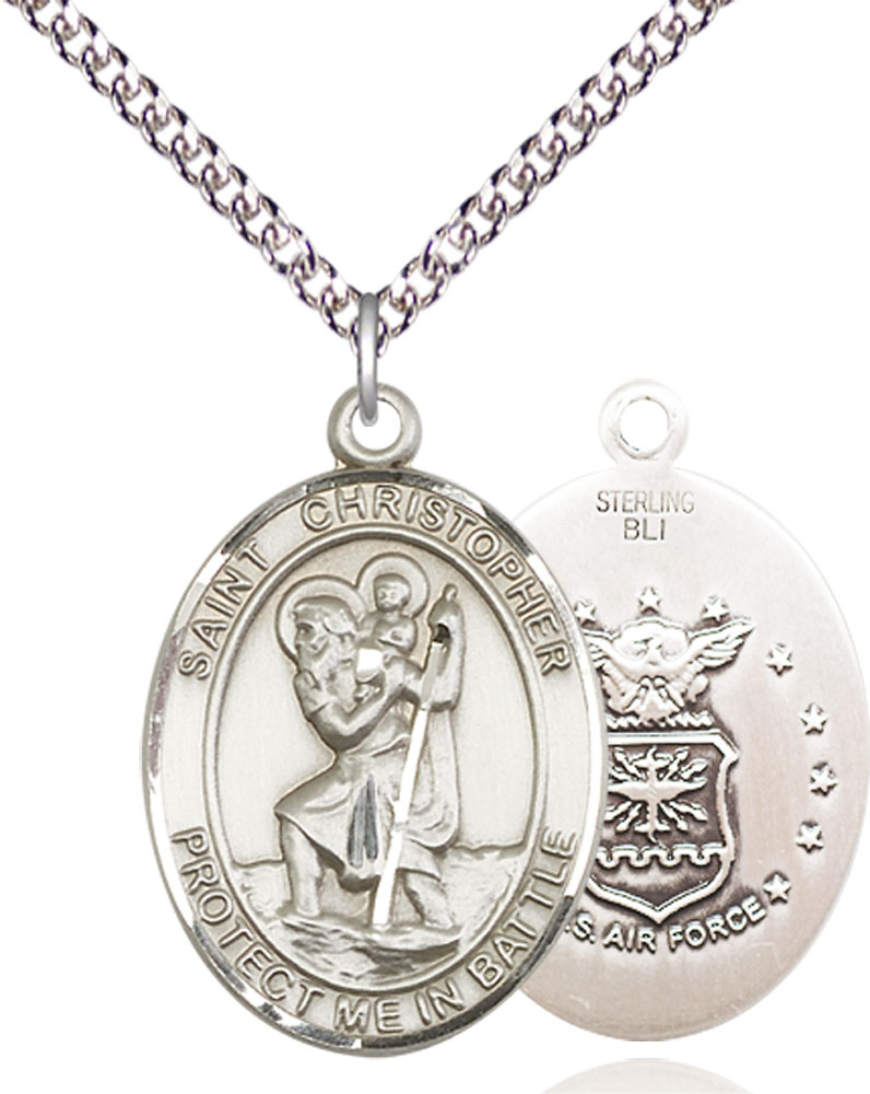 Sterling Silver Saint Christopher Air Force Pendant on a 24 inch Sterling Silver Heavy Curb chain