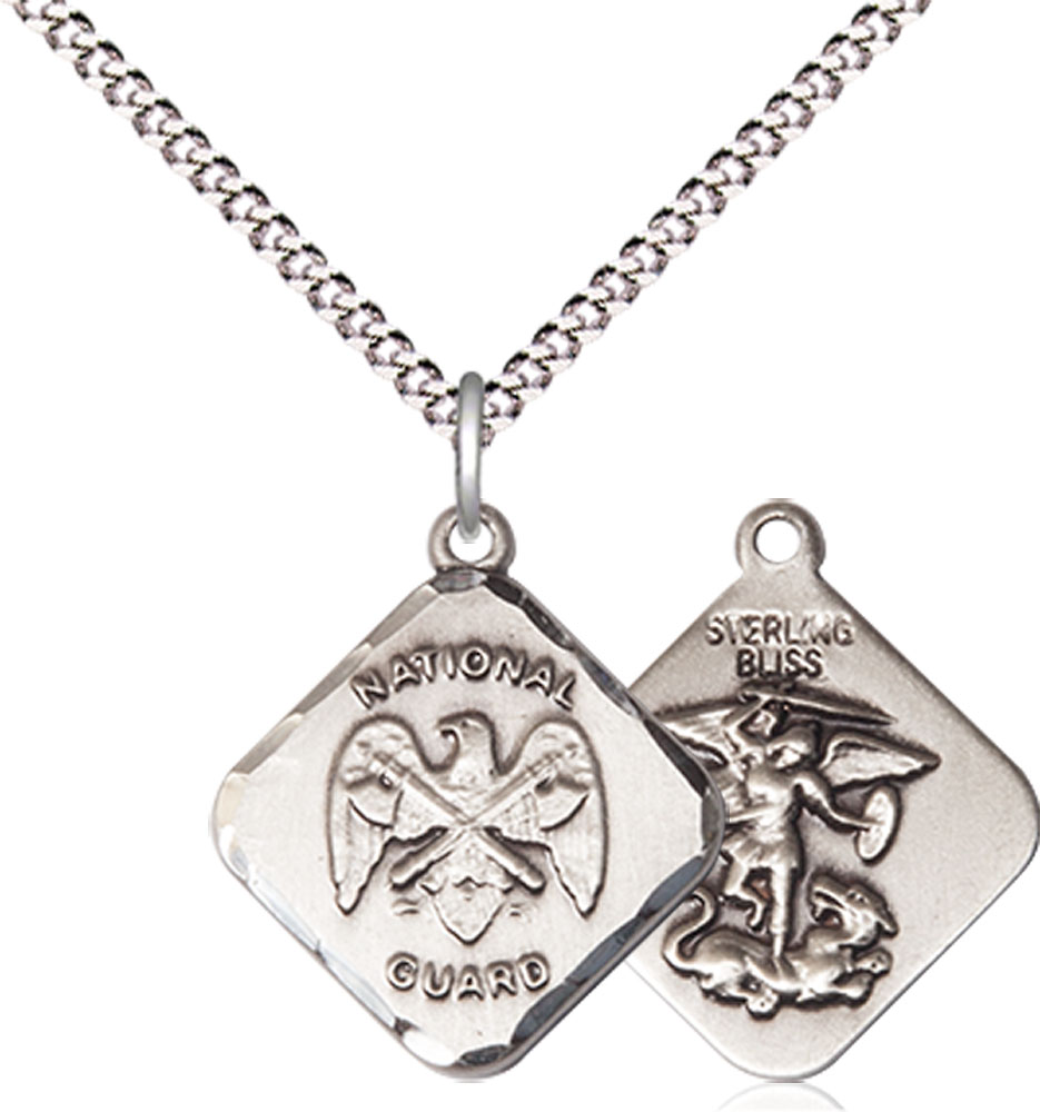 Sterling Silver National Guard Diamond Pendant on a 18 inch Light Rhodium Light Curb chain