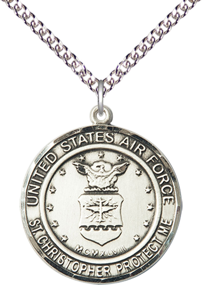 Sterling Silver Air Force St Christopher Pendant on a 24 inch Sterling Silver Heavy Curb chain